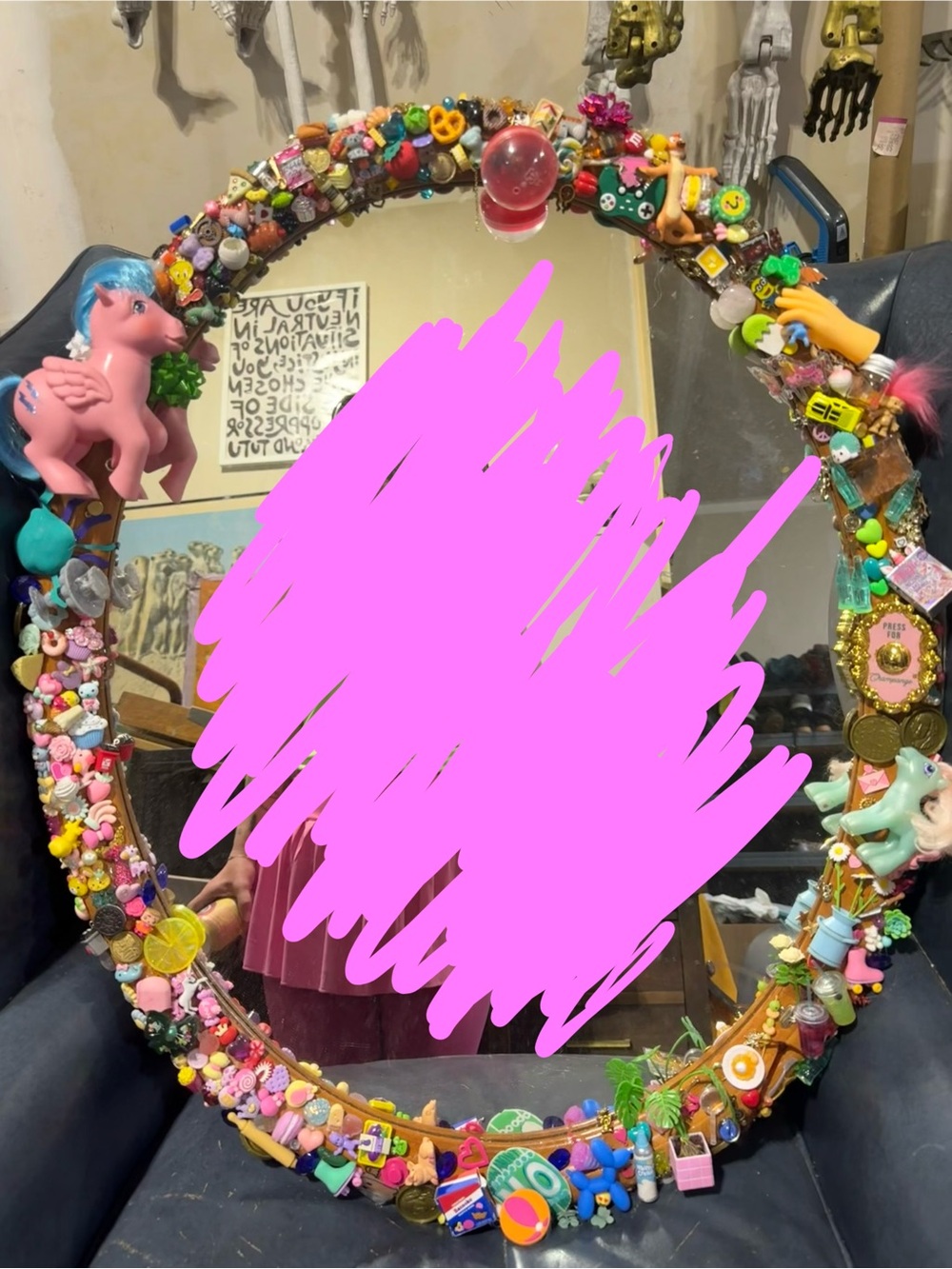 Vintage Wooden Trinket Mirror with Colorful Eclectic Embellishments
